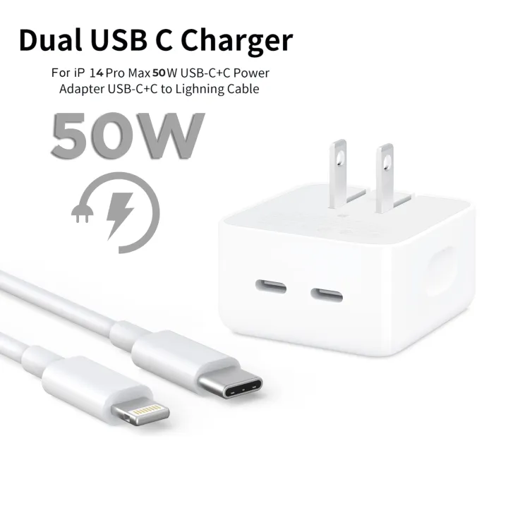 IPHONE 14 Pro 2 Pin (US PIN) 50W USB-C+C POWER Adapter With USB-C TO LIGHTINING CABLE