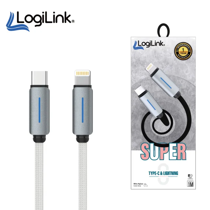 LOGILINK TYPE C TO LIGHTNING NYLON FAST CHARGING DATA CABLE WITH LIGHT 1M (1 YEAR WARRANTY)