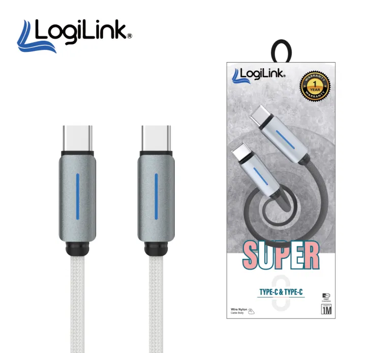 LOGILINK TYPE C TO TYPE C NYLON FAST CHARGING DATA CABLE WITH LIGHT 1M (1 YEAR WARRANTY)
