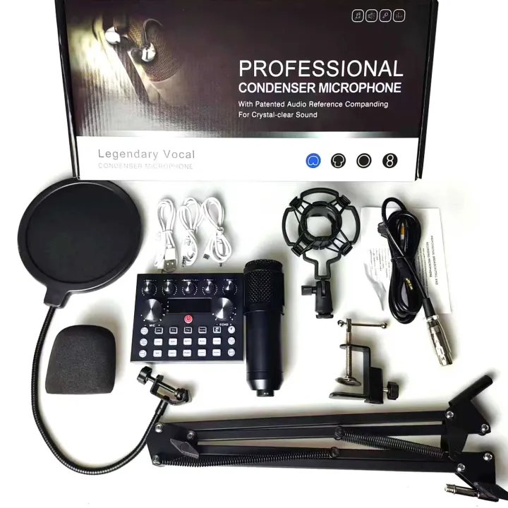 V10 BM-800 PODCAST CONDENSER MICROPHONE SET WITH LIVE SOUND CARD, RECHARGEABLE 12 KINDS OF AUXILIARY BACKGROUND FOR KARAOKE SINGING, YOUTUBE RECORDING MIC