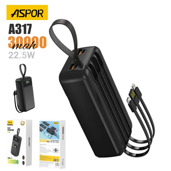 ASPOR A317 22.5W 30000MAH FAST CHARGING POWER BANK WITH 3 CABLES