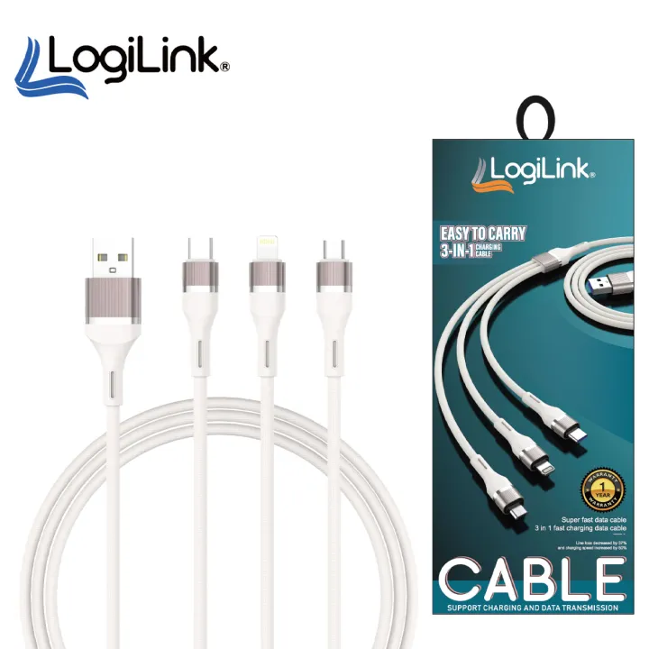 LOGILINK 3IN1 USB TO MICRO/TYPE C/IPHONE NYLON DATA CABLE 6A FAST CHARGING 1M 1 YEAR WARRANTY